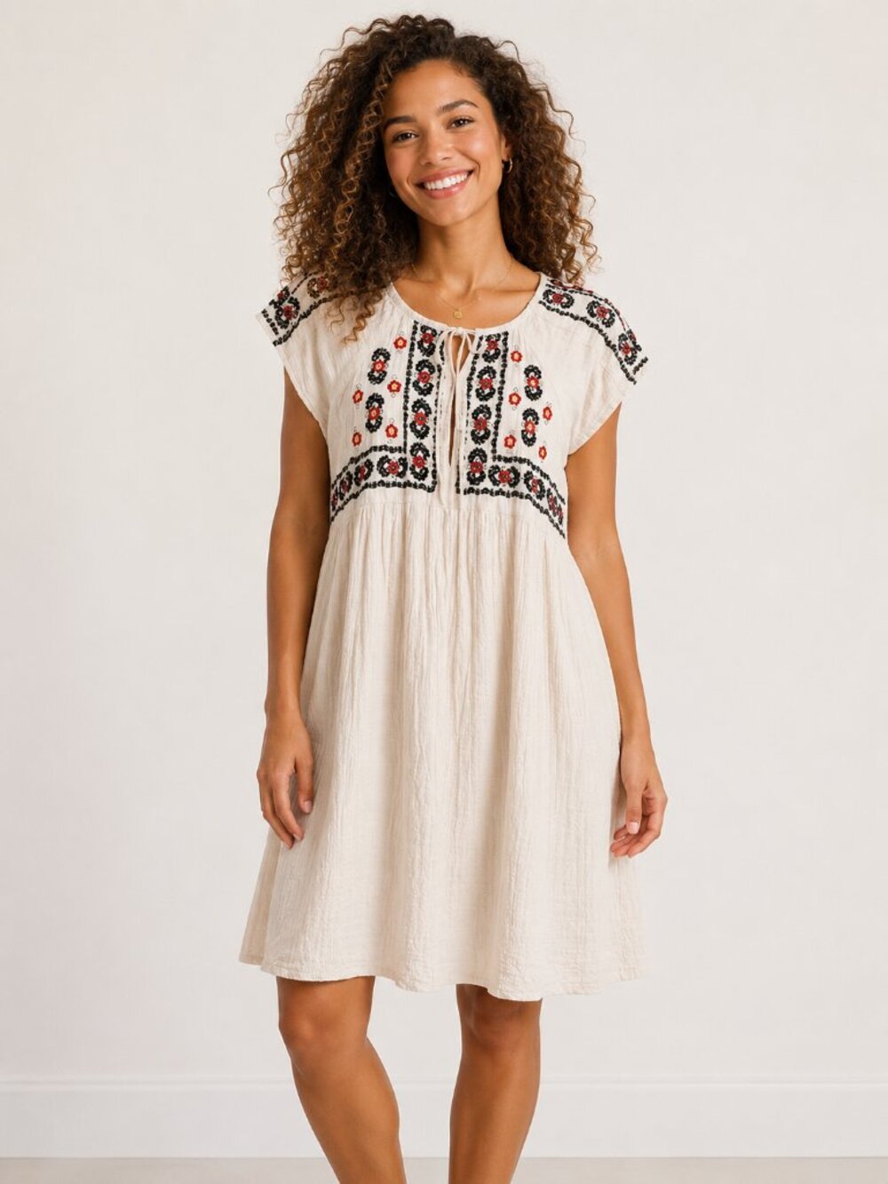 Paper Crane Embroidered Boho Peasant Dress Women's Large Cream Floral Cotton Ray